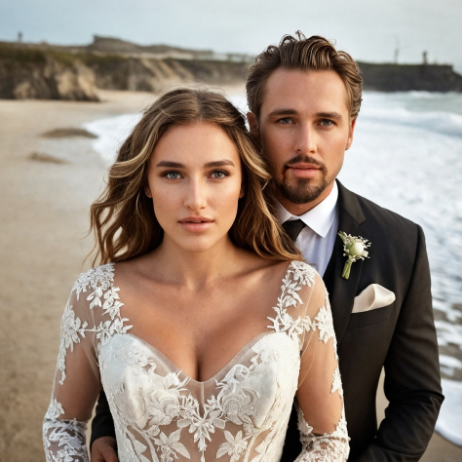 Bride in an embroidered white dress and groom in a black suit stand closely on a beach, with waves and cliffs in the background.